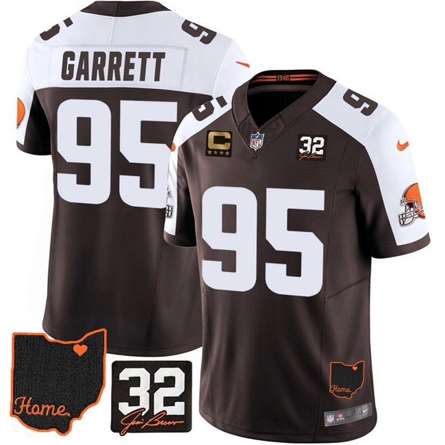 Men's Cleveland Browns #95 Myles Garrett Brown Alternate 2025 F.U.S.E. 4-Star C Patch With Jim Brown Memorial & Home Patch Vapor Limited Stitched Football Jersey